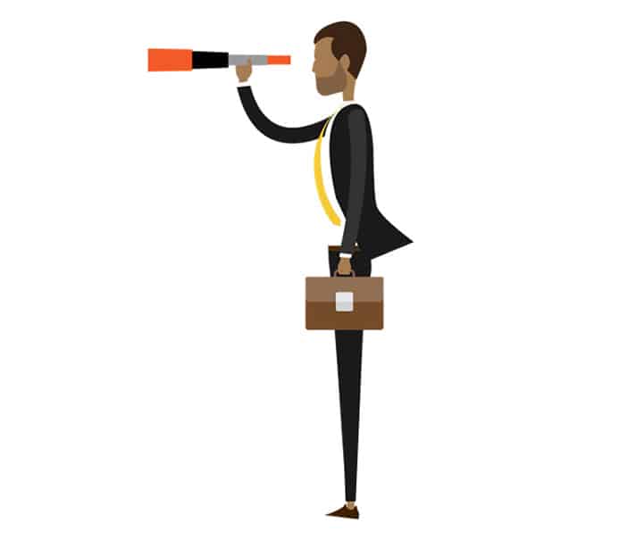 Illustration of a man holding a telescope and briefcase